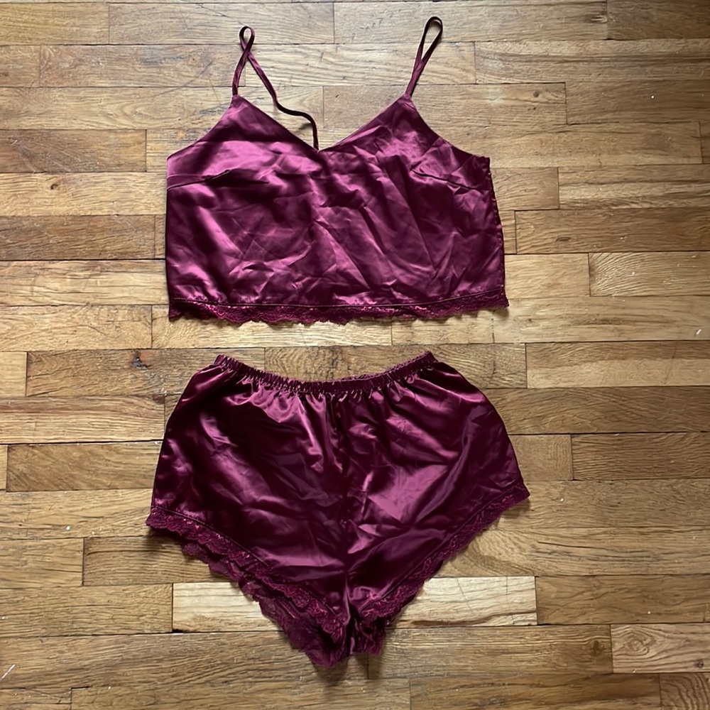 Maroon Silk-like pajama bralette set